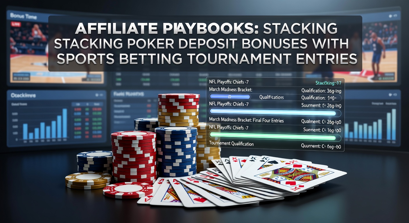 Affiliate dashboard showing stacked bonuses from poker deposits and sports betting tournaments, with entry confirmations highlighted