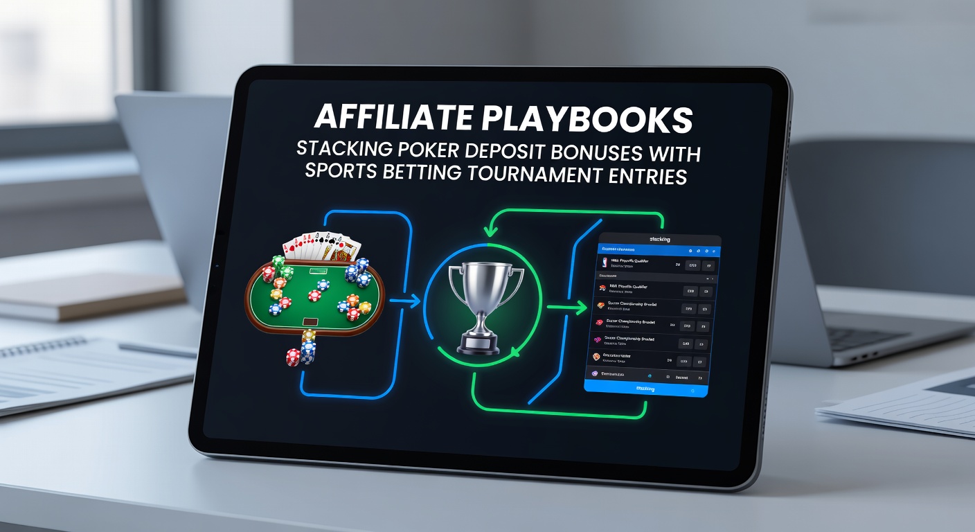 Step-by-step infographic illustrating bonus stacking flow from poker deposit to sports tournament leaderboard climb