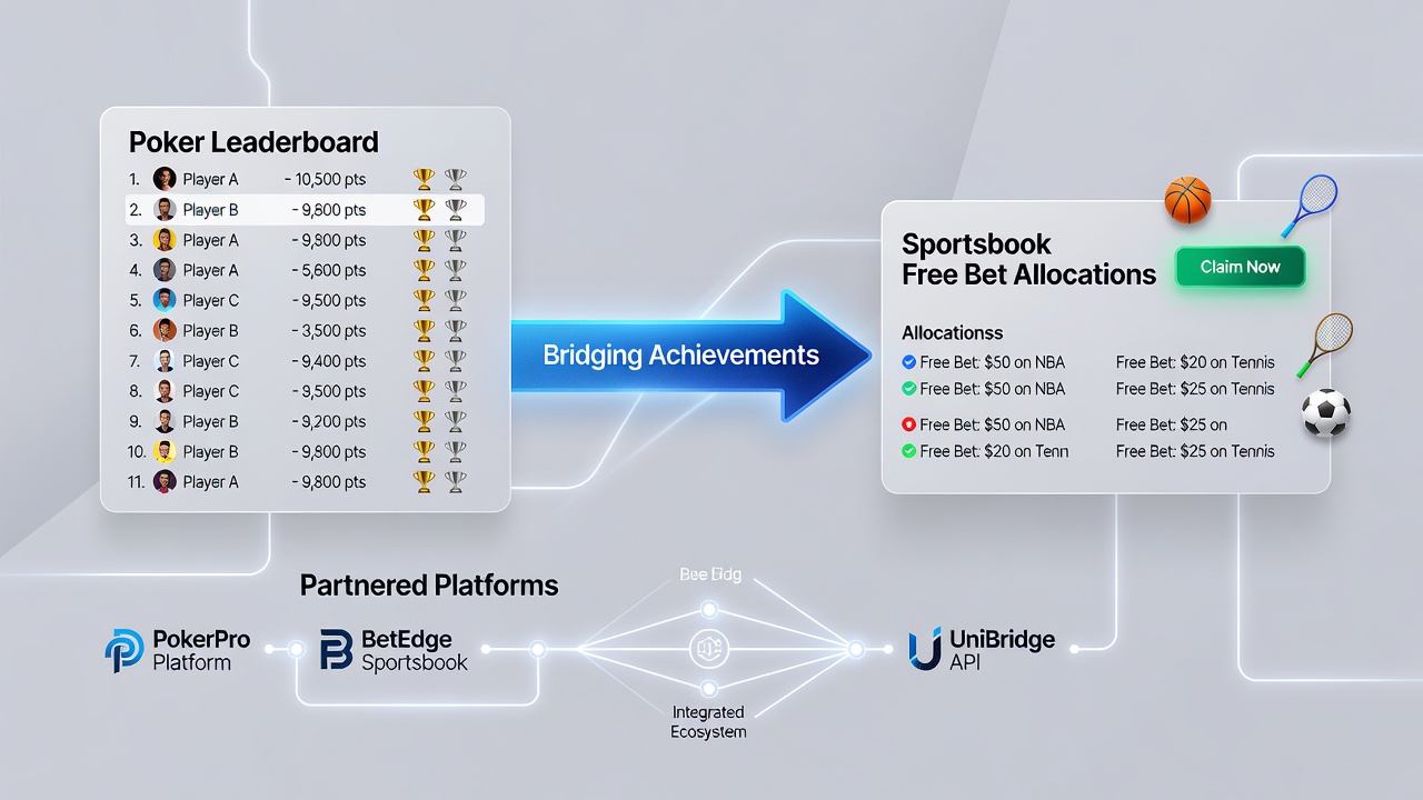Flow diagram illustrating data transfer from poker tournament results to sportsbook free bet credits