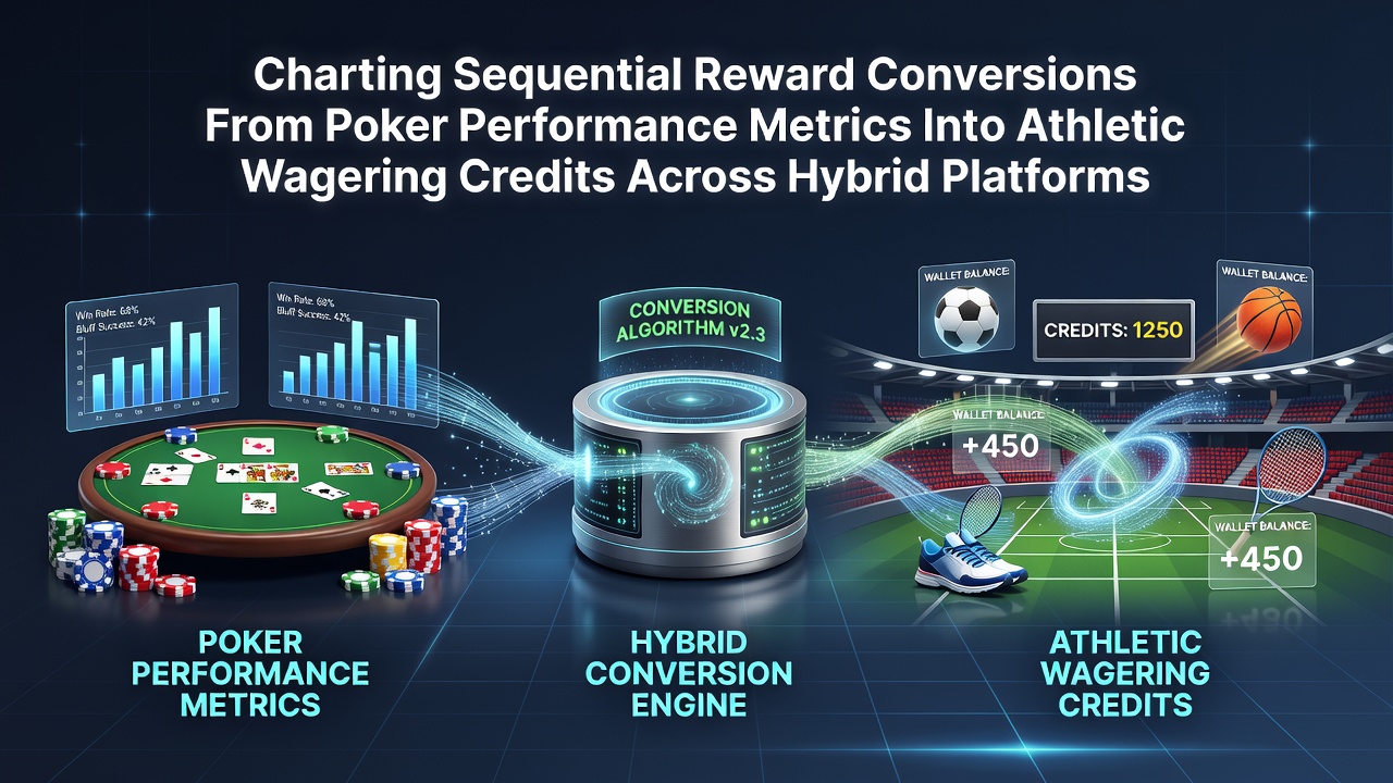 Flowchart showing sequential reward conversions from poker metrics to sports betting credits on hybrid platforms