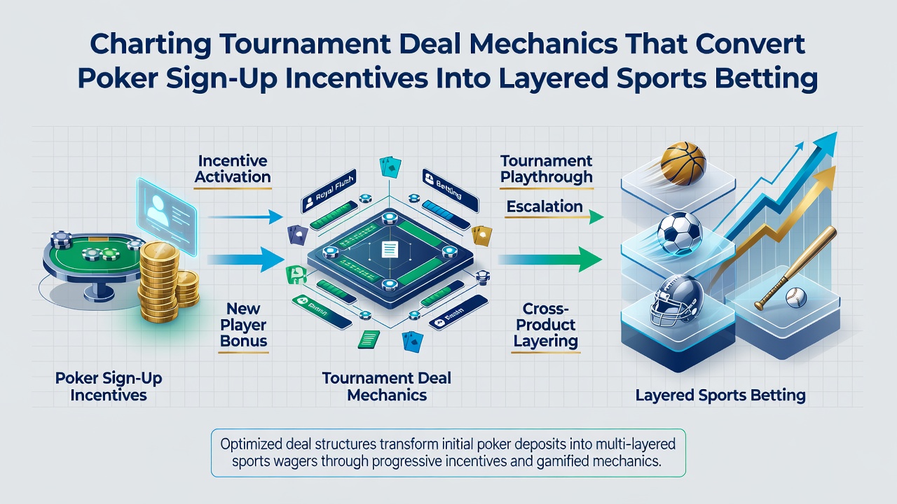 Diagram illustrating layered credit allocation from poker tournaments to sportsbook accounts via affiliate data tracking