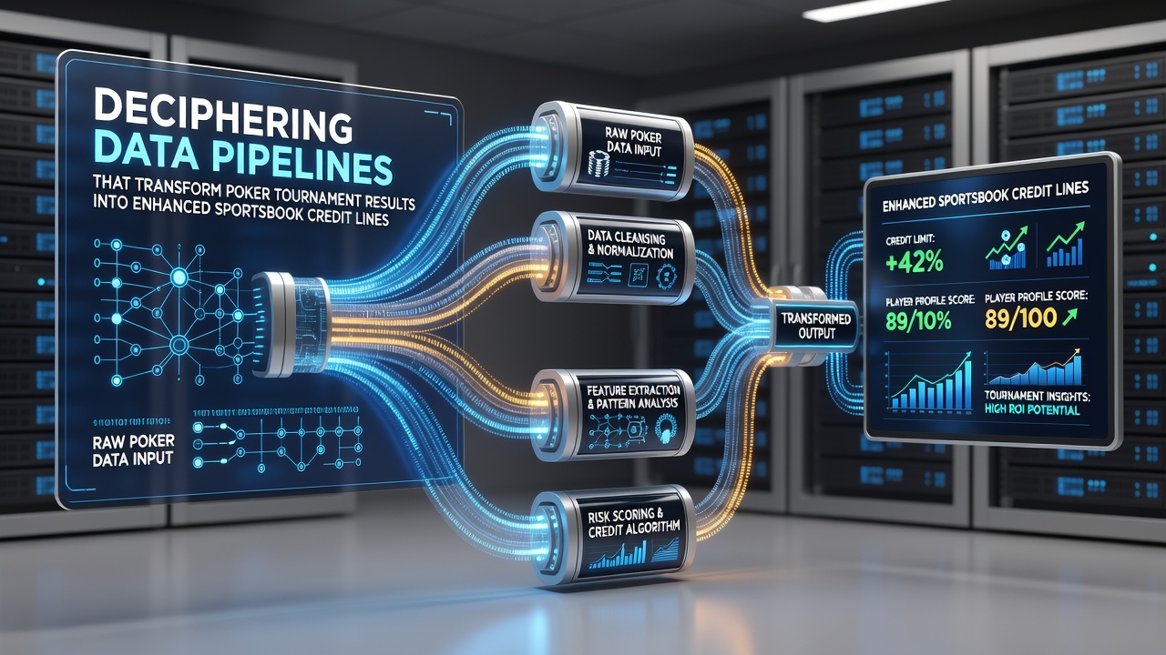 Data pipeline architecture showing poker tournament results feeding into sportsbook credit line systems