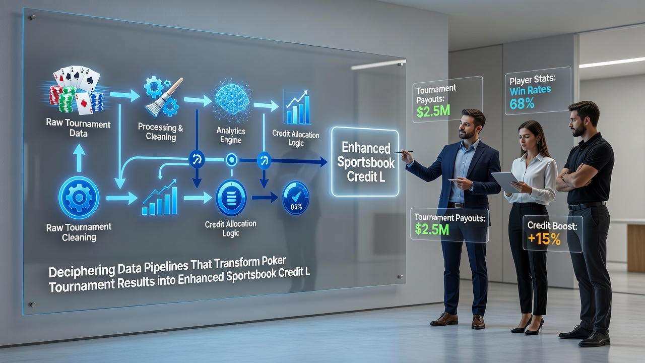 Flow diagram of data transformation stages linking poker results to enhanced credit lines