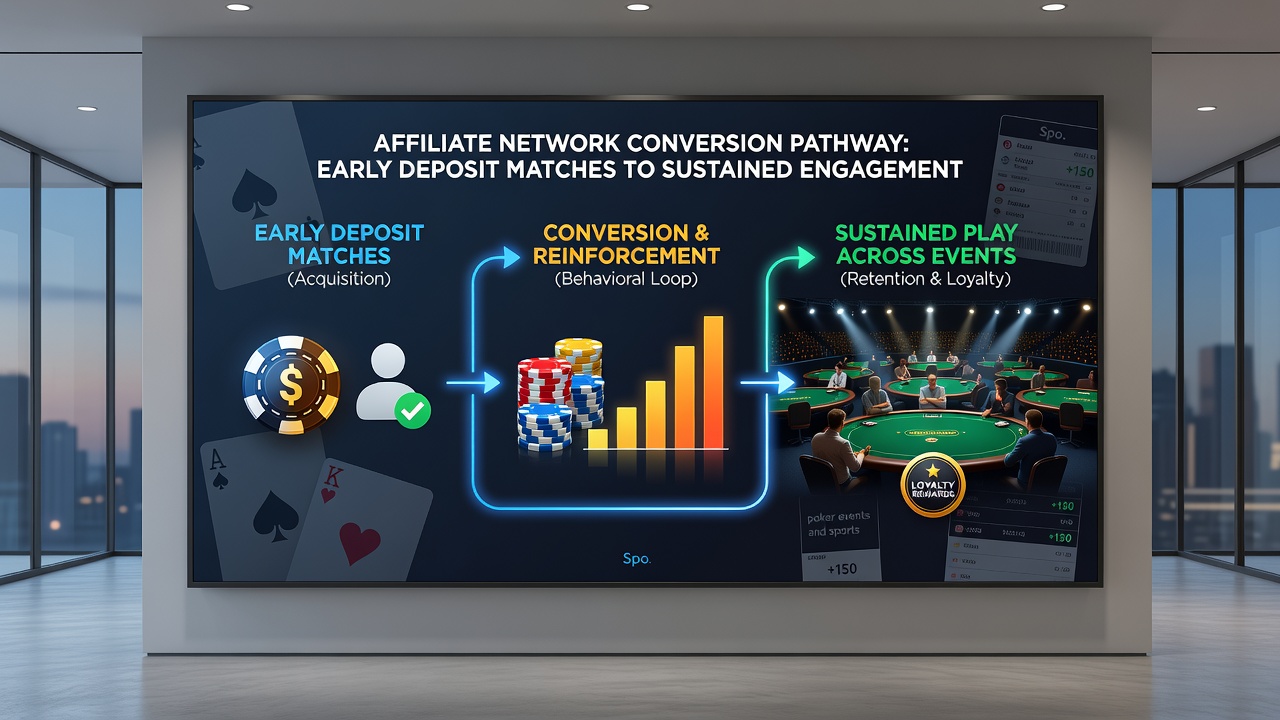 Player progression map illustrating transitions from poker tournaments to sports markets via affiliate incentives