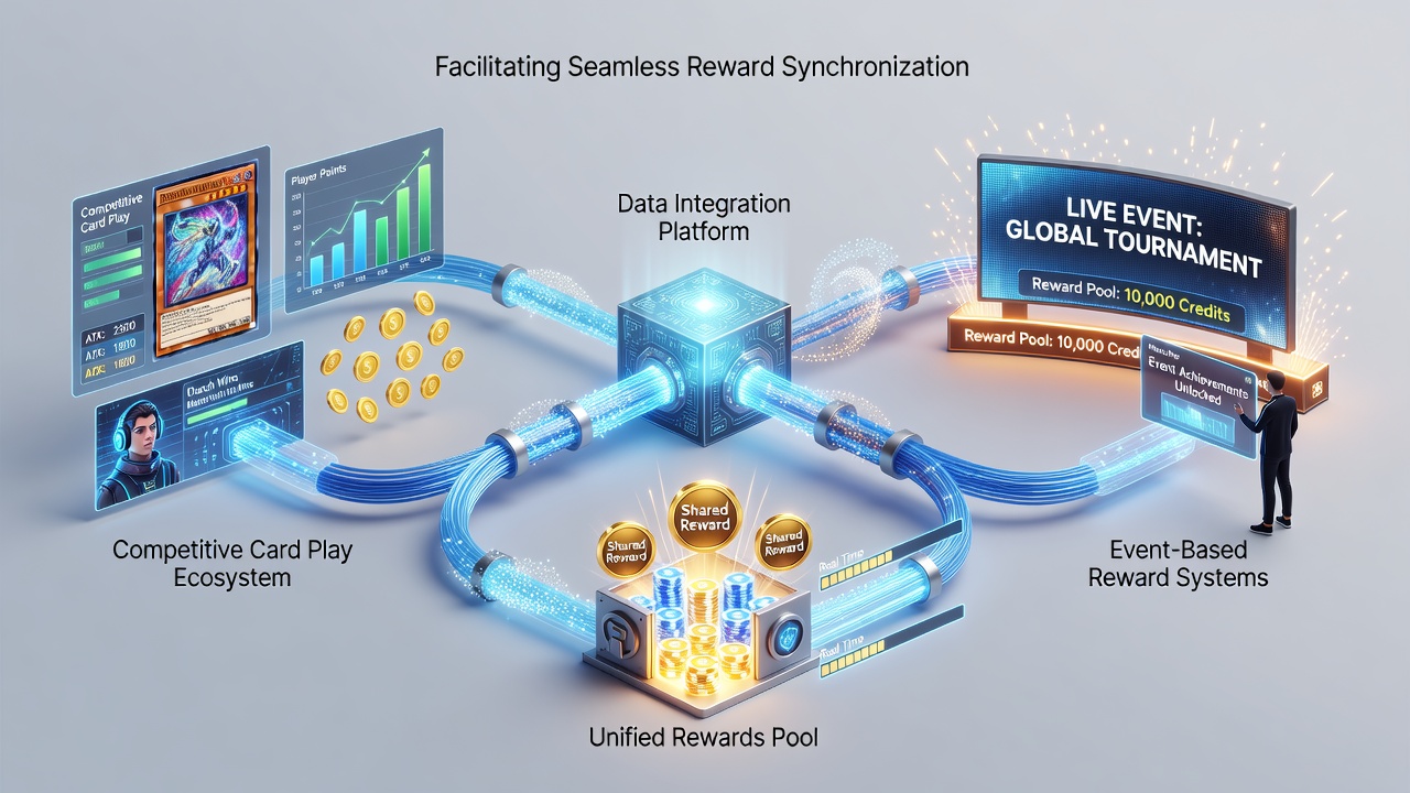Integration flow diagram showing reward distribution between card competitions and event wagering