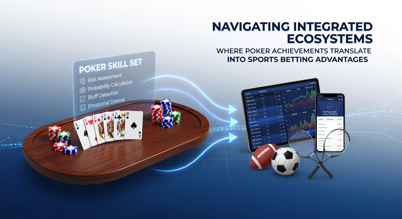 Integrated digital platform interface showing poker tournament stats linked to sports betting dashboard with achievement badges and odds enhancers