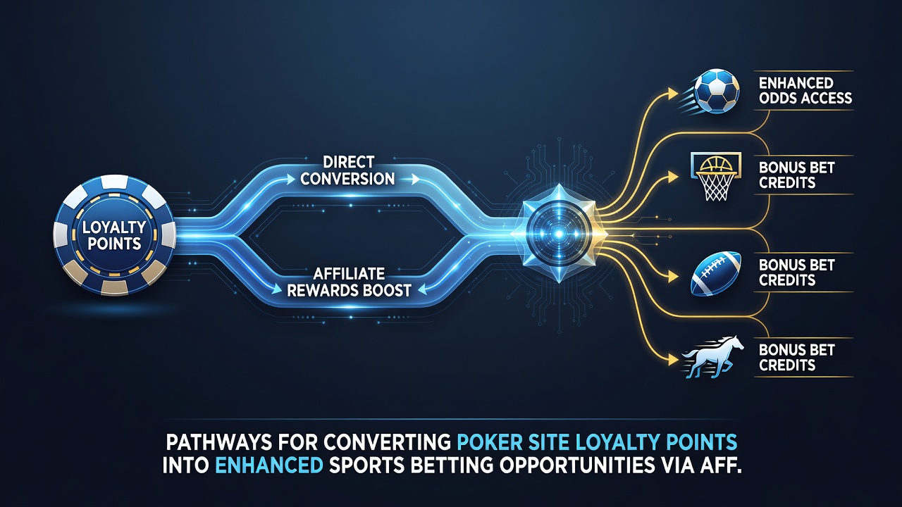 Diagram of affiliate dashboard displaying loyalty point conversion options between poker and sports betting sections