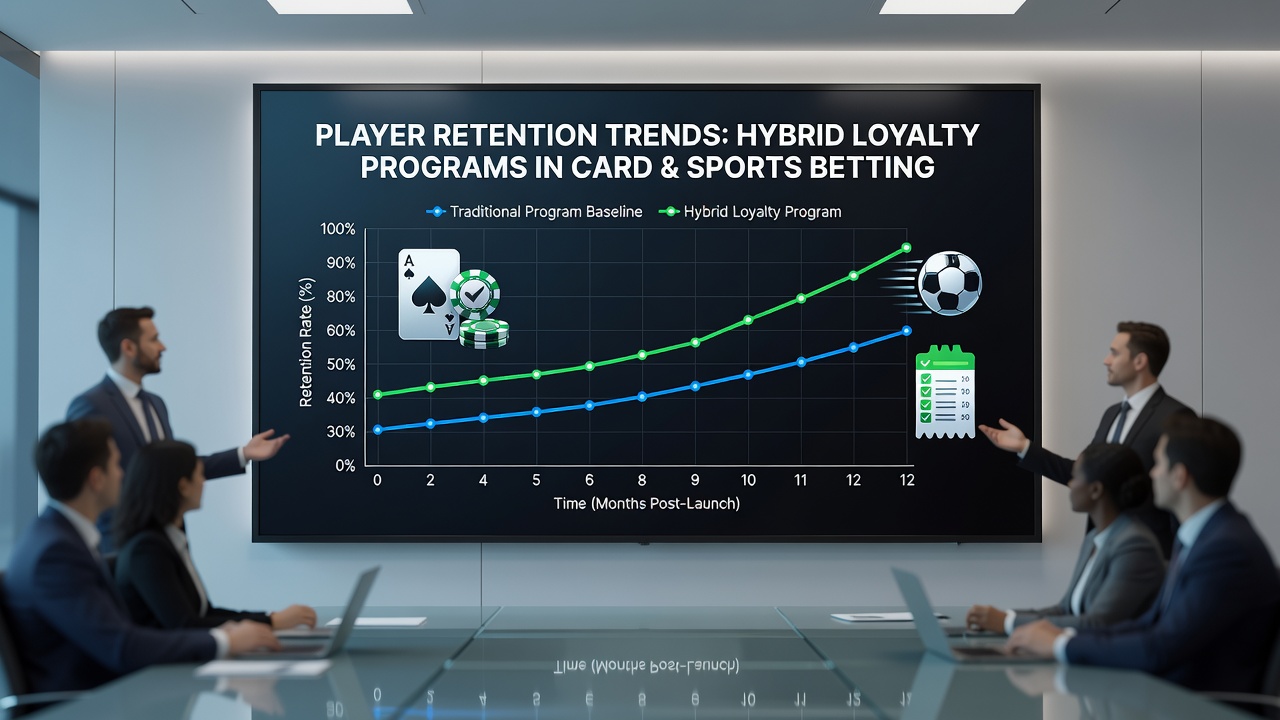 Analytics chart displaying retention curves for players using hybrid loyalty programs versus traditional single-vertical rewards