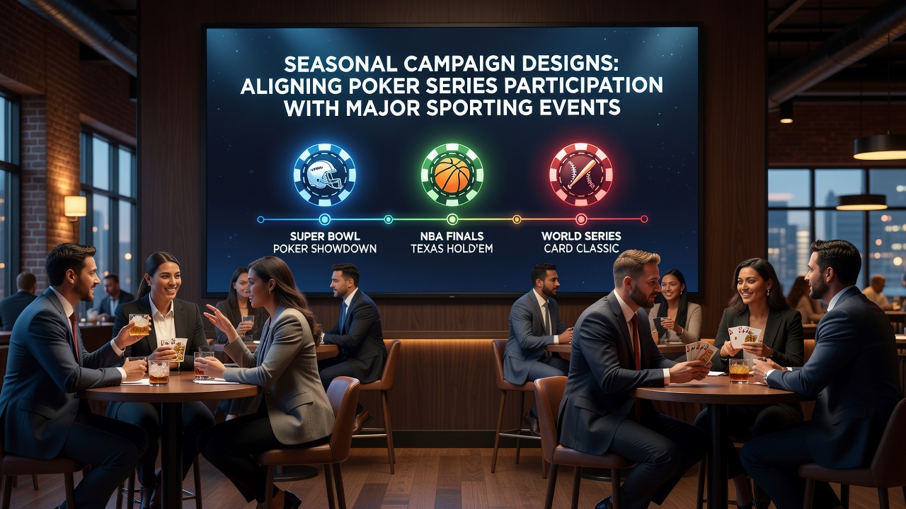 Infographic showing seasonal timelines connecting poker tournaments to sports calendars including football, basketball and tennis events
