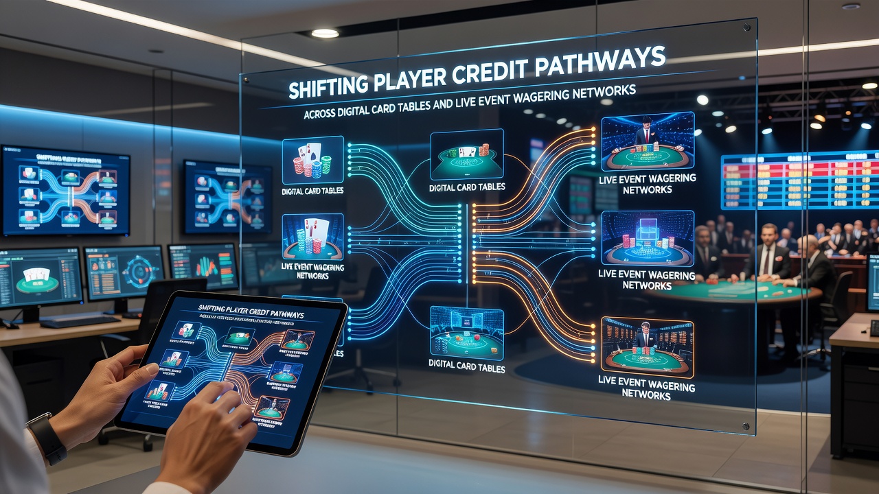 Flowchart diagram illustrating credit pathway steps from poker tables through loyalty systems to sports betting credits