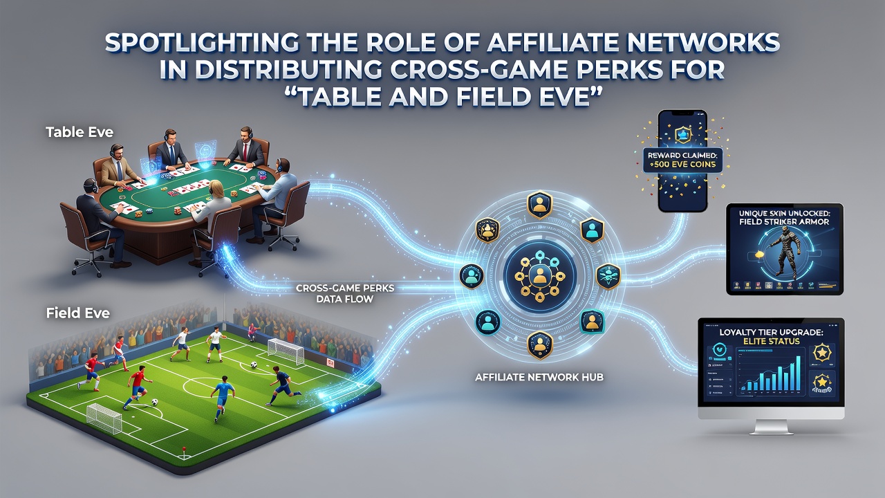 Data flow illustration showing how affiliate networks distribute perks between poker tables and sports events