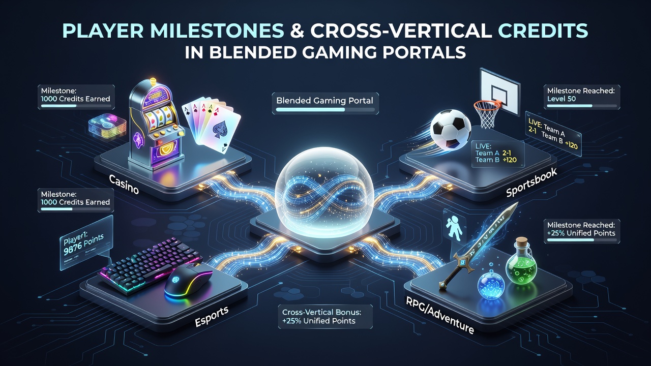 Player milestones unlocking credits across poker and sports betting sections in an integrated gaming platform
