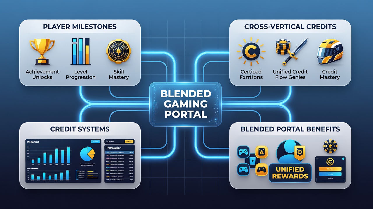 Flow diagram showing credit transfer from poker achievements to sports betting accounts in hybrid portals