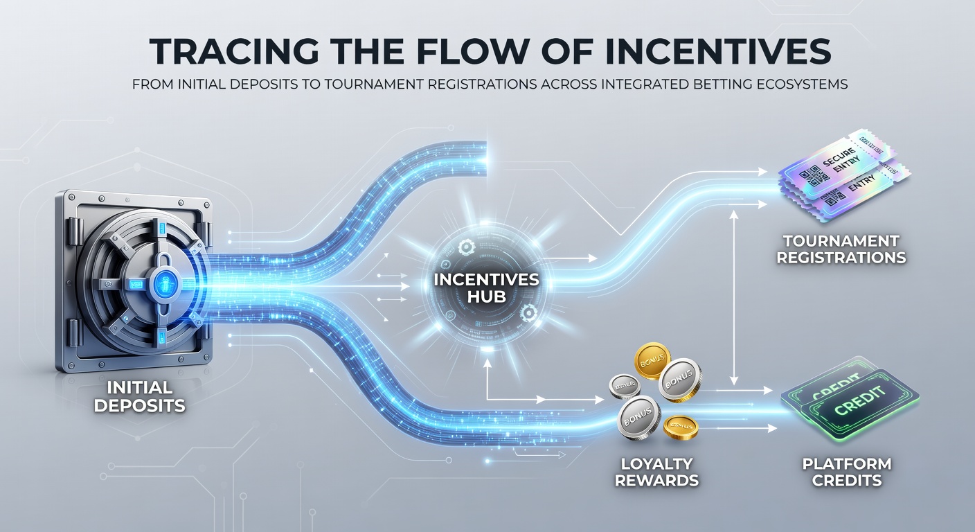 Flowchart illustrating deposits moving through integrated betting platforms toward tournament entries